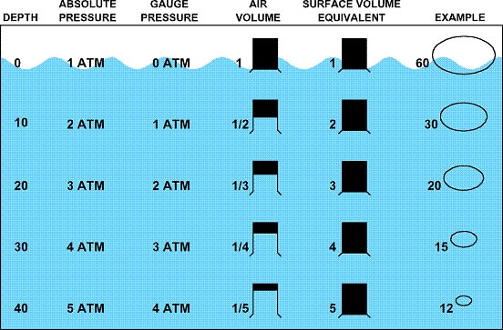 depth pressure air volume air density table PADI Open Water Diver Manual Answers Chapter 1