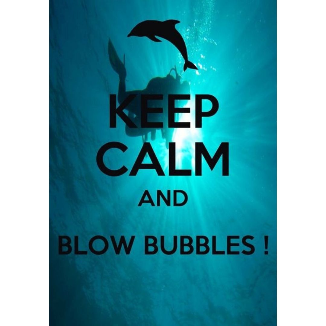Keep calm and blow bubbles scuba diving meme