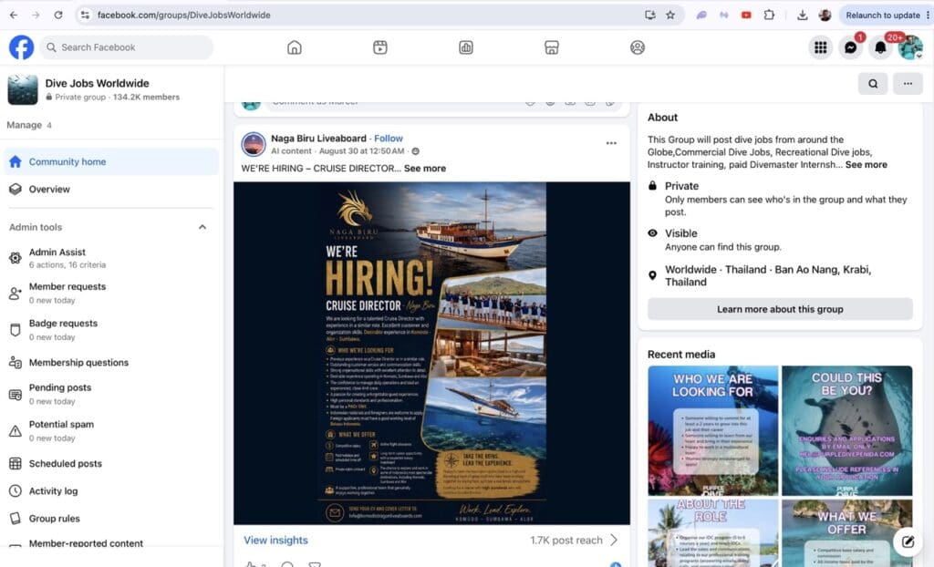 Dive Jobs Worldwide Facebook group showing a scuba diving job vacancy