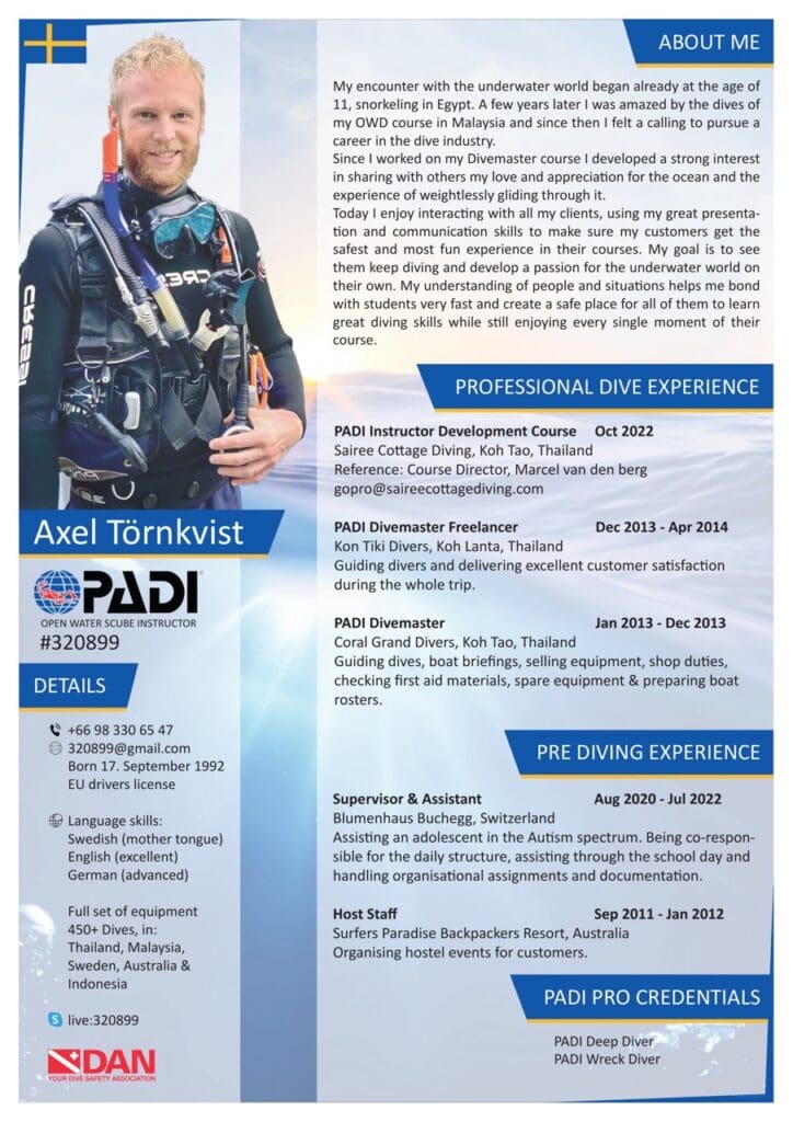 Example diving CV highlighting Divemaster experience, qualifications and professional skills