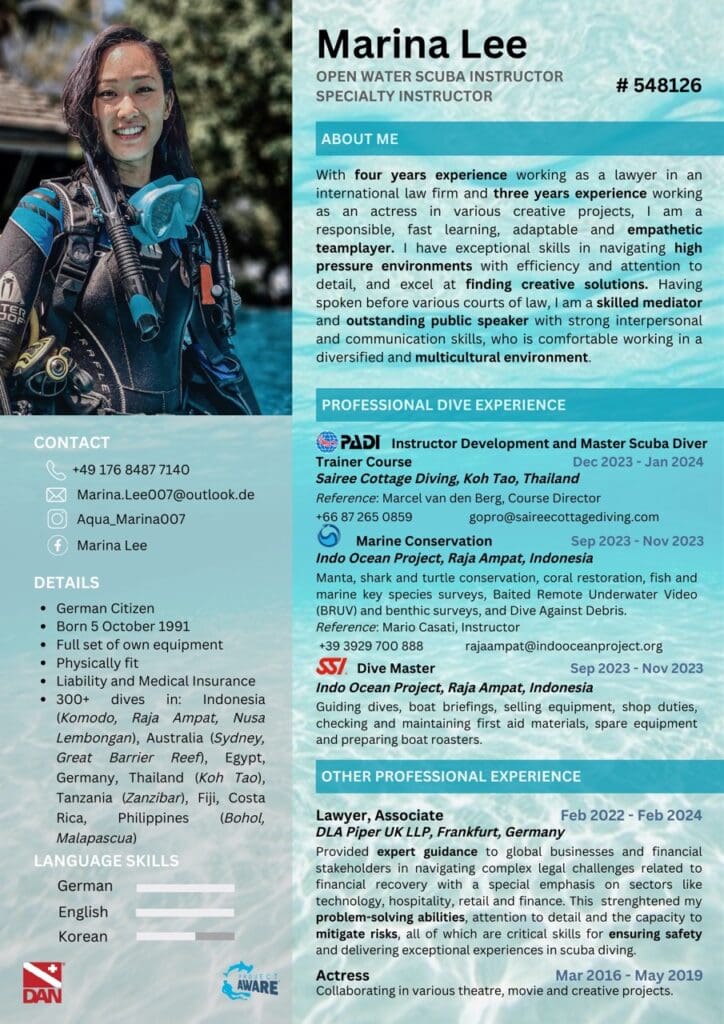Example scuba diving CV with a professional diver photograph and relevant work experience