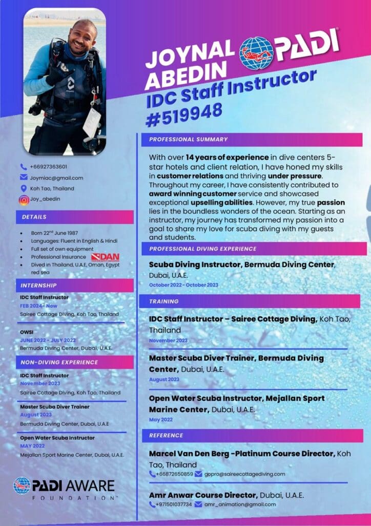 Example CV for a dive professional showing qualifications, diving experience and customer service skills