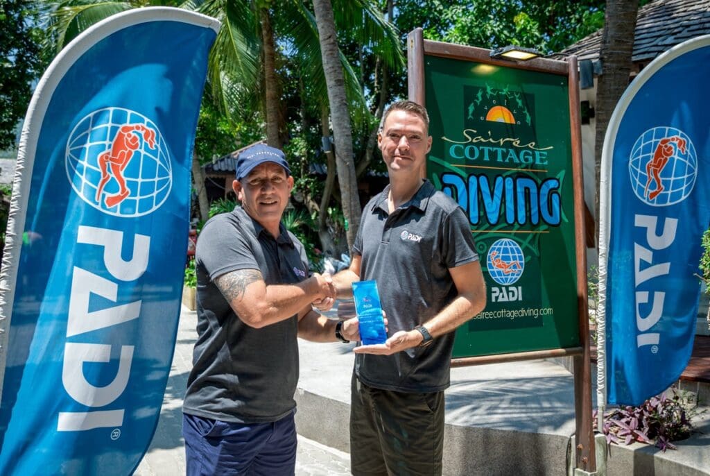 Marcel van den Berg receiving a PADI award at Sairee Cottage Diving on Koh Tao