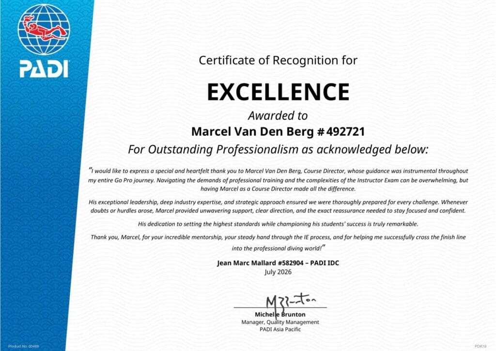 PADI Certificate of Recognition for Excellence awarded to Course Director Marcel van den Berg