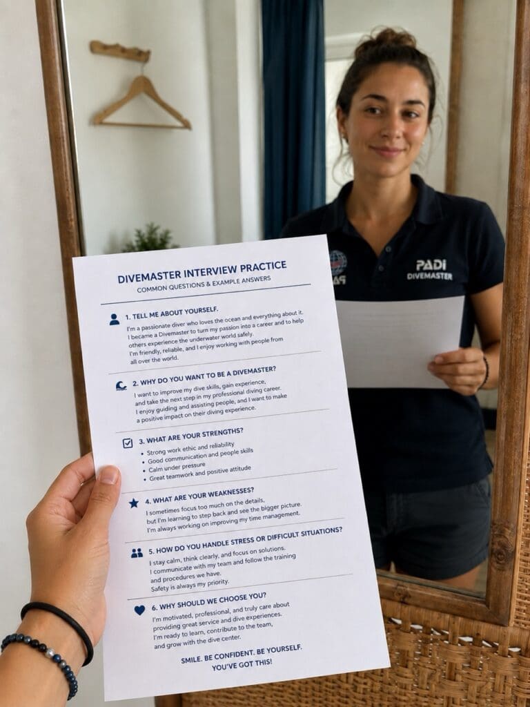 Divemaster practicing common job interview questions in front of a mirror